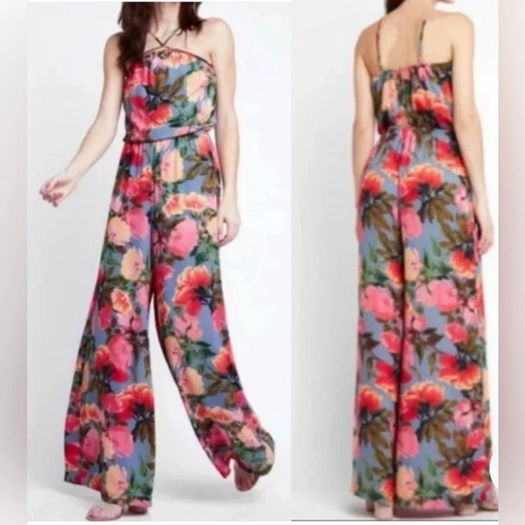 Show Me Your MuMu Womens Jennifer Jumpsuit Floral Sz M Halter Neck Wide Leg - Picture 2 of 11